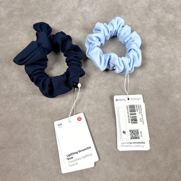Lululemon Accessories - Lululemon Uplifting Scrunchie Bow Set Navy Blue Light Blue Exercise Apparel NEW